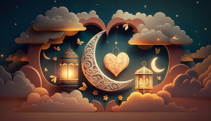 Obraz na płótnie Canvas islamic illustration of a crescent moon and realistic clouds with traditional lanterns and hearts. Generative ai