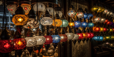 Colorful turkey glass lamps at the Grand Bazaar in Istanbul Generative AI
