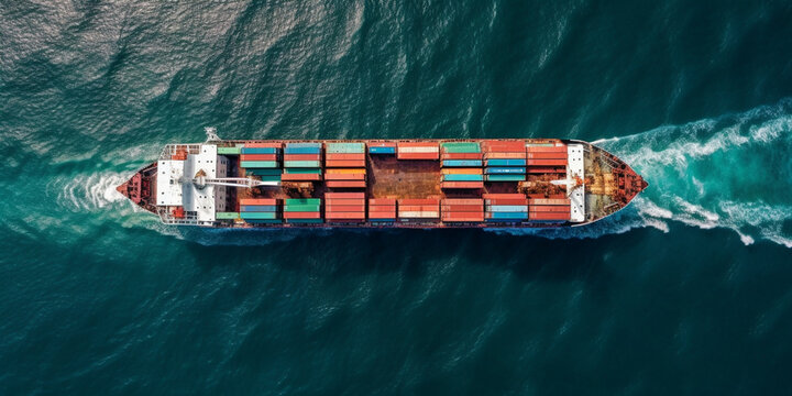 container cargo ship in sea. top view Generative AI