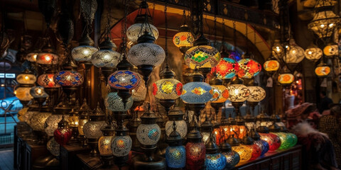 Fototapeta premium Colorful turkey glass lamps at the Grand Bazaar in Istanbul Generative AI