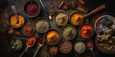 Top view of various indian spices and seasonings on a table Generative AI