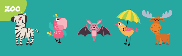 Set of cute vector animals characters for kids. 5 funny forest and African animals