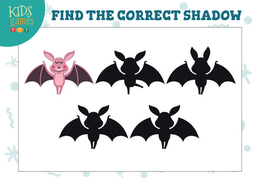 Find the correct shadow for cute bat lion educational preschool kids mini game