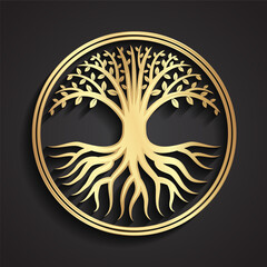 3d golden elegant tree with roots in circle stylized sign