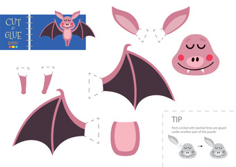 Cut and glue paper vector toy. Funny bat character as a cardboard cutout model