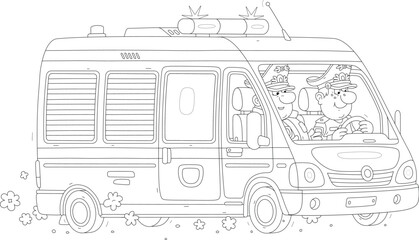 Police car with two funny on-duty officer policemen in uniform during patrol on a road of a city, black and white vector cartoon illustration for a coloring book page © Alexey Bannykh