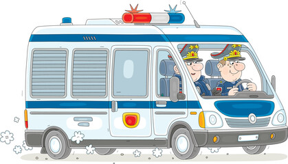 Police car with two funny on-duty officer policemen in uniform during patrol on a road of a city, vector cartoon illustration isolated on a white background