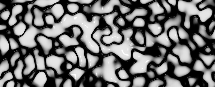 Abstract three-dimensional black squiggly lines on a white background with reflections. Illustration.