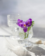 Still life with spring crocuses in a glass on a windowsill on a sunny day