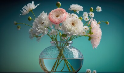  a vase filled with white and pink flowers on a table.  generative ai