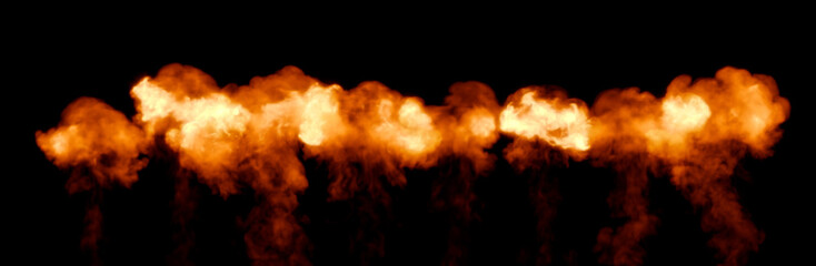 Series of powerful bangs with flames, isolated - object 3D rendering