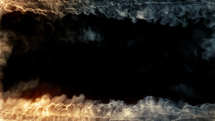 Top - bottom frame of dense blue smoke and fire, isolated - abstract 3D rendering