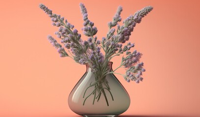  a vase with lavender flowers in it on a table with a pink background.  generative ai