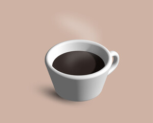 3d coffee cup. Aromatic coffee in a white cup with a handle. Coffee steam