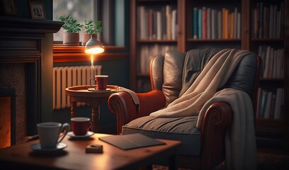  a chair with a blanket on it next to a table with a cup of coffee.  generative ai