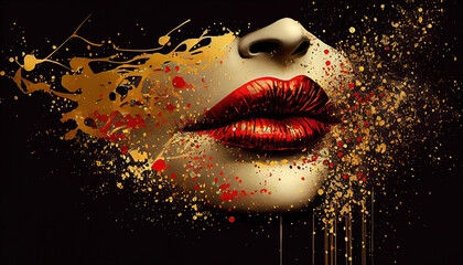 Deep Red Color Lips Splashes Red and Gold Color Glossy Colored Lips Generative AI