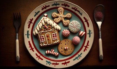  a plate with a gingerbread house, candy canes, and cookies on it.  generative ai