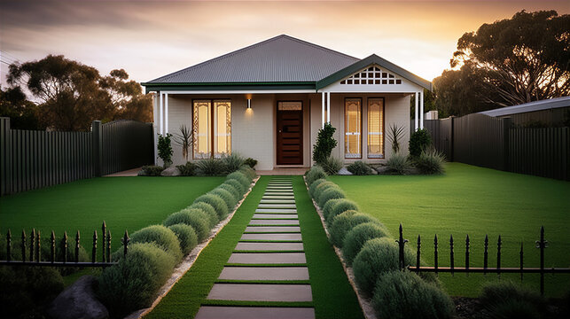 A contemporary Australian home or residential buildings front yard features beautiful green lawn and path that leads to the front door. Generative AI