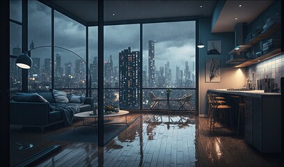 Obraz na płótnie Canvas a living room with a view of a city at night. generative ai