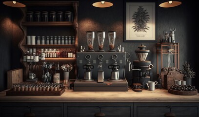 Obraz na płótnie Canvas a coffee machine sitting on top of a wooden counter top. generative ai