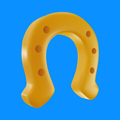 Golden horseshoe isolated on colorful background. 3d cartoon vivid illustration in realistic minimal style. Bright modern vector graphic element.