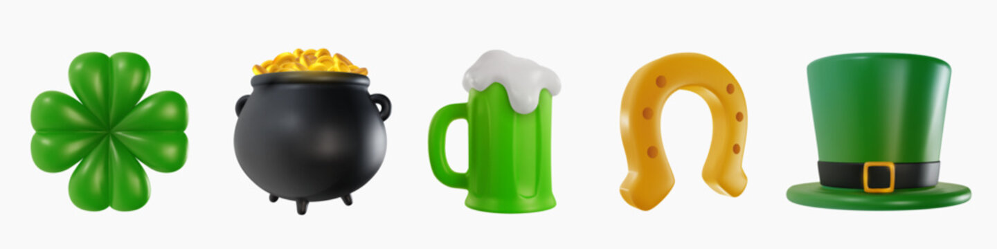 Set 3d realistic elements for st patrick's day in bright minimal cartoon style. Clover, pot of money, leprechaun hat, green beer, horseshoe. Vector illustration.