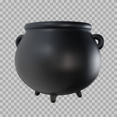 3d realistic black cauldron in cartoon minimal style. Vintage iron medieval pot on transparent background. Glossy magic or celebration kettle toy. Vector illustration.
