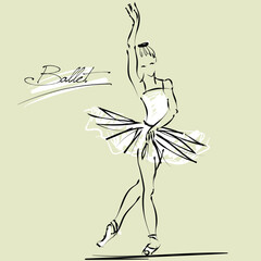 art sketch of beautiful young ballerina bow to the audience after the performance; white tutu, ballet shoes, ballet dancer; drawing isolated vector, black and white