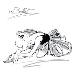 art sketch of sitting on floor and resting beautiful young ballerina in white tutu  ballet shoes, dancer  drawing isolated vector on white © Irina_QQQ