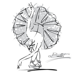 art sketch of beautiful young ballerina bow to the audience after the performance; tutu, ballet shoes, ballet dancer; drawing isolated vector on white