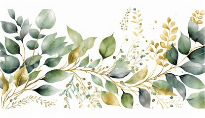 Watercolor seamless border - illustration with green gold leaves and branches, for wedding stationary, greetings, wallpapers, fashion, backgrounds, textures, DIY, wrappers, cards, Generate Ai