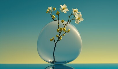  a glass vase with flowers in it on a blue surface.  generative ai