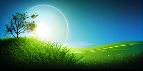 Beautiful natural landscape of a green field with grass against a blue sky with sun