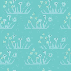 Blue background with with vegetal elements. Decorative seamless pattern for wrapping paper, wallpaper, textile, greeting cards and invitations.