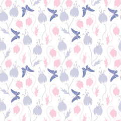 White background with purple and pink flowers and butterflies. Decorative seamless pattern for wrapping paper, wallpaper, textile, greeting cards and invitations.