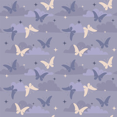 Purple background with purple butterflies and stars. Decorative seamless pattern for wrapping paper, wallpaper, textile, greeting cards and invitations.