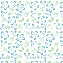 White background with blue flowers and leaves. Decorative seamless pattern for wrapping paper, wallpaper, textile, greeting cards and invitations.