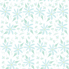 White background with blue flowers and leaves. Decorative seamless pattern for wrapping paper, wallpaper, textile, greeting cards and invitations.