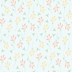 Obraz na płótnie Canvas Blue background with pink and yellow flowers and leaves. Decorative seamless pattern for wrapping paper, wallpaper, textile, greeting cards and invitations.