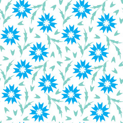 White background with blue flowers and leaves. Decorative seamless pattern for wrapping paper, wallpaper, textile, greeting cards and invitations.