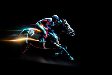 Horse racing at night. Digital illustration of thoroughbred and jockey. Generative AI. - obrazy, fototapety, plakaty