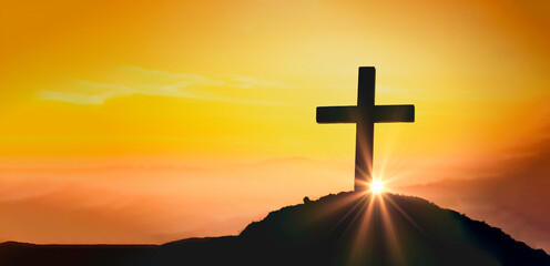 Crucifixion Of Jesus Christ - Cross At Sunset. The concept of the resurrection of Jesus in...