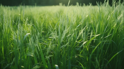 Beautiful juicy lush green grass on meadow in morning light spring summers, purity and freshness nature landscape. Generative AI