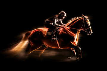 Horse racing at night. Digital illustration of thoroughbred and jockey. Generative AI.