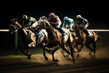 Horse racing at night. Silhouette of thoroughbred and jockey. Generative AI.