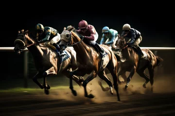 Fotobehang Horse racing at night. Silhouette of thoroughbred and jockey. Generative AI. © junghc1