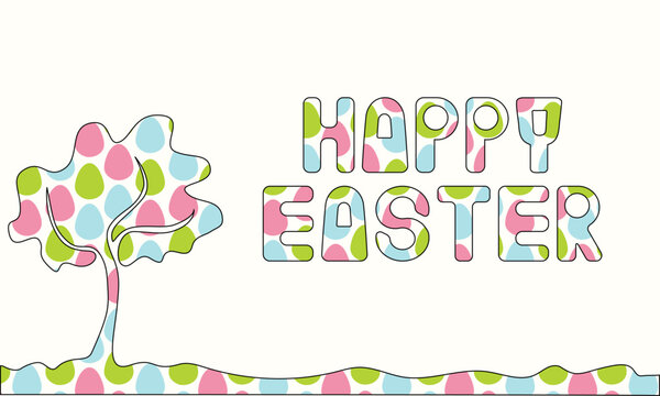 Happy Easter background. Easter tree and text in a pattern of Easter eggs. Festive unusual banner in pastel colors