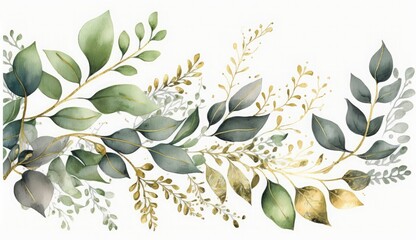Watercolor seamless border - illustration with green gold leaves and branches, for wedding stationary, greetings, wallpapers, fashion, backgrounds, textures, DIY, wrappers, cards, Generate Ai