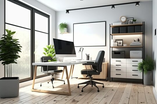 Modern working room with computer interior design. Comfortable and warmth place. Generative AI