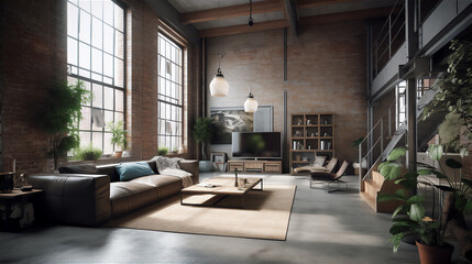 Fototapeta na wymiar living room loft in an industrial style. Generative AI